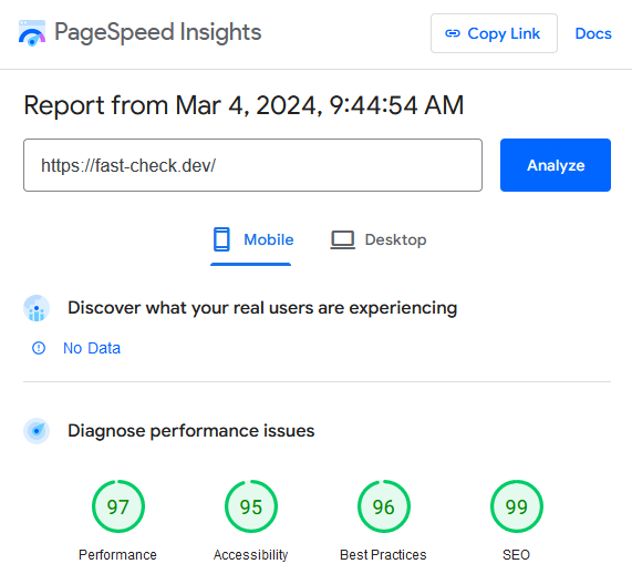 Results of PageSpeed against the homepage of fast-check.dev on the 4th of March, 2024